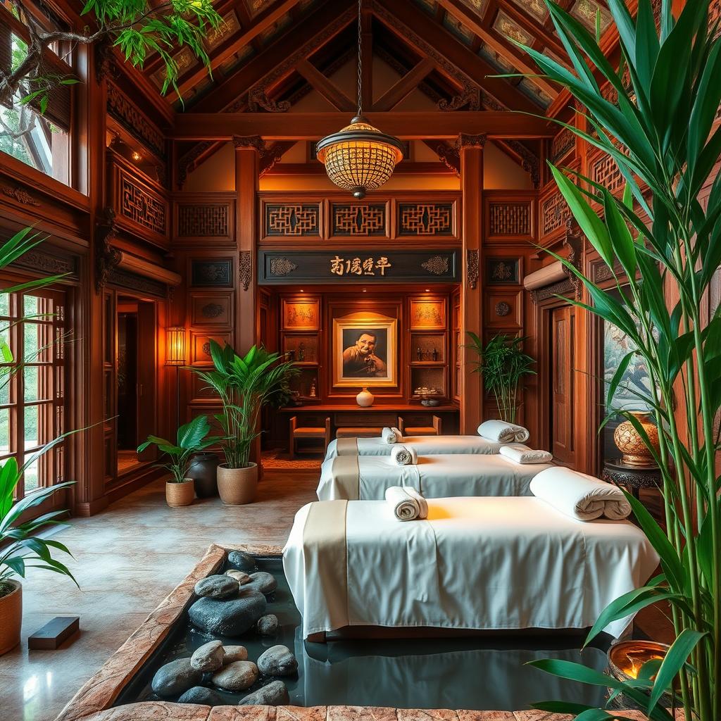 A beautifully designed Thai massage salon featuring traditional Thai architecture