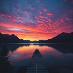 A stunning landscape with a vibrant sunset over a serene lake, surrounded by mountains