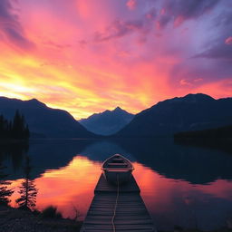 A stunning landscape with a vibrant sunset over a serene lake, surrounded by mountains