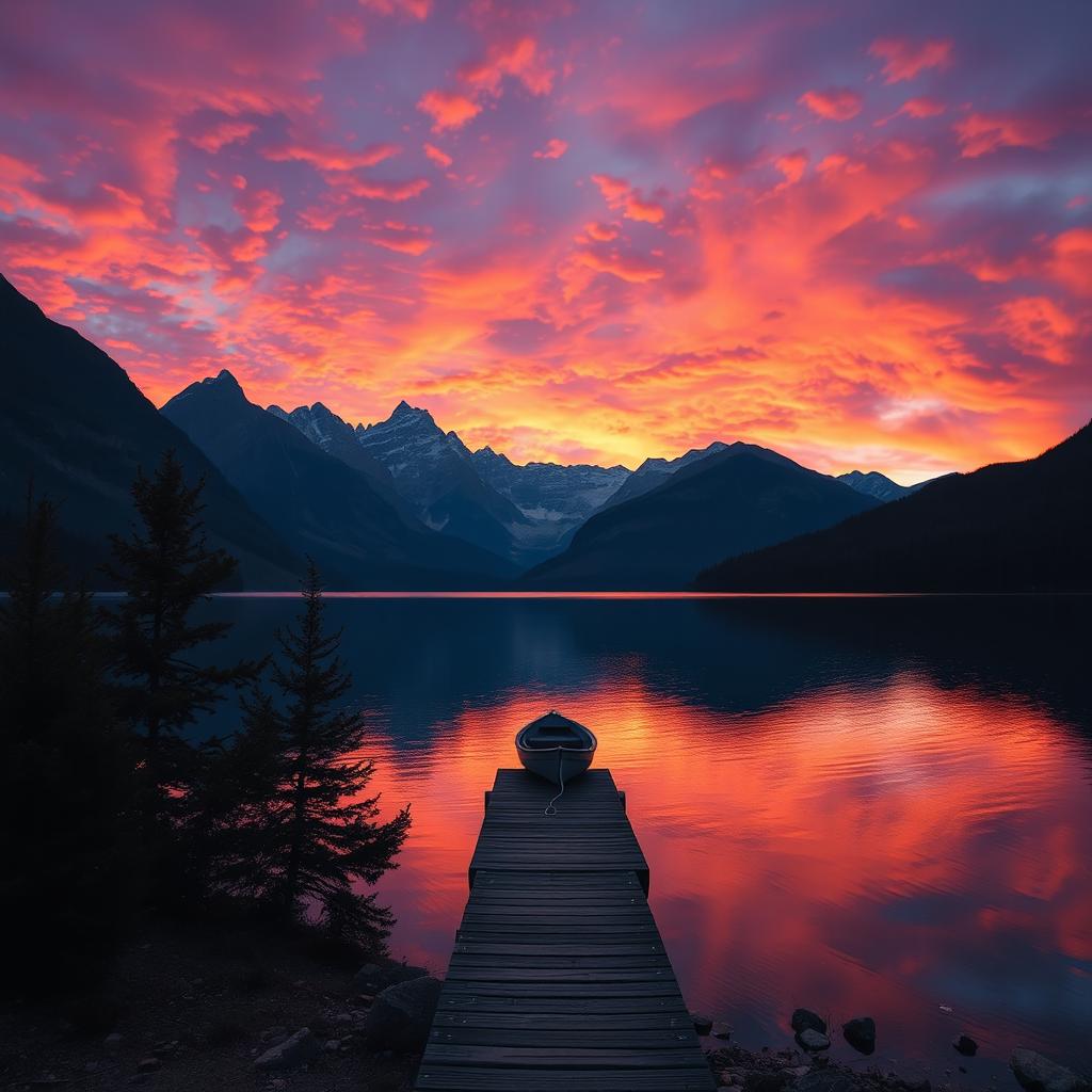 A stunning landscape with a vibrant sunset over a serene lake, surrounded by mountains