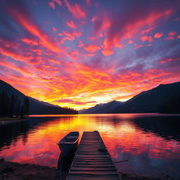 A stunning landscape with a vibrant sunset over a serene lake, surrounded by mountains