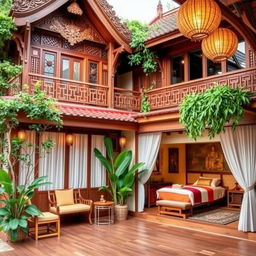 A Thai massage salon featuring traditional Thai architecture, showcasing intricate wooden carvings, ornate decorations, and lush greenery surrounding the building