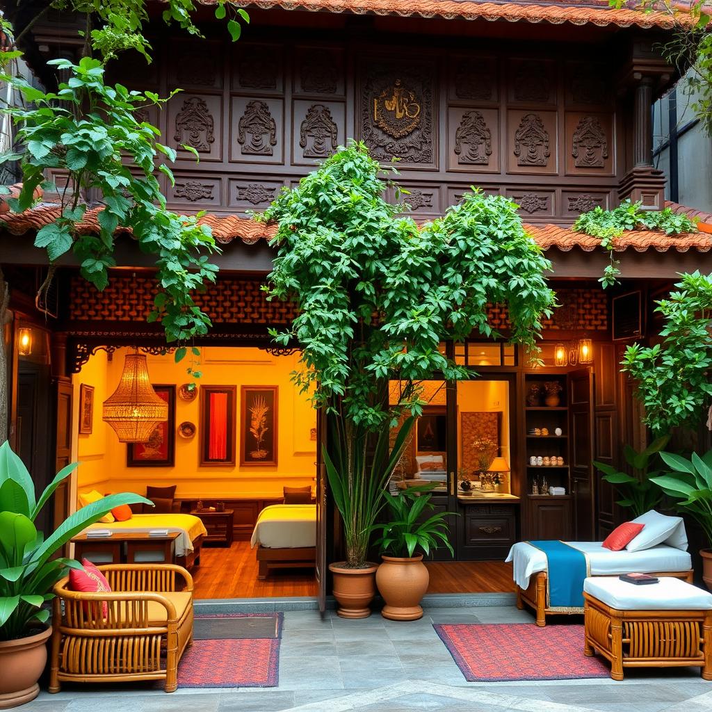 A Thai massage salon featuring traditional Thai architecture, showcasing intricate wooden carvings, ornate decorations, and lush greenery surrounding the building