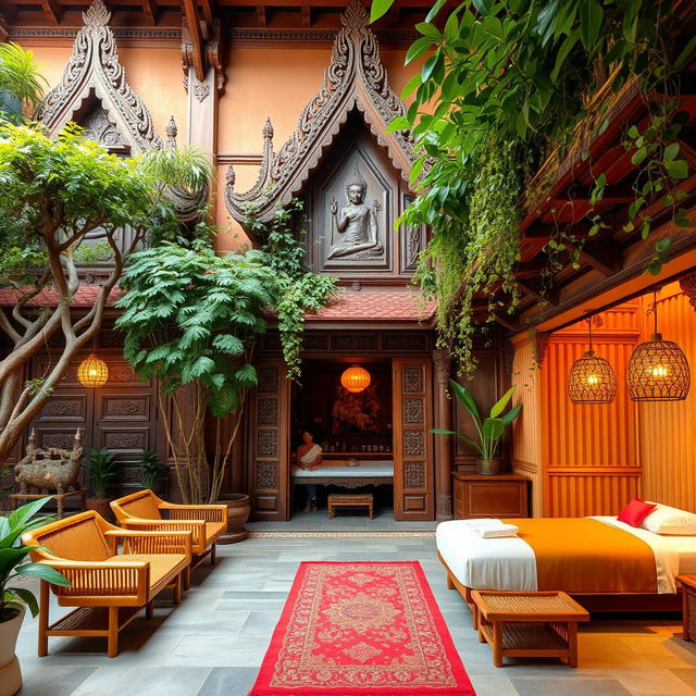A Thai massage salon featuring traditional Thai architecture, showcasing intricate wooden carvings, ornate decorations, and lush greenery surrounding the building