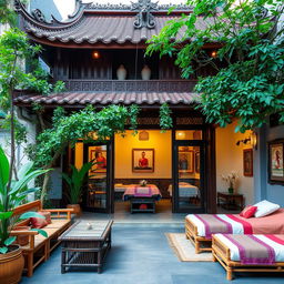 A Thai massage salon featuring traditional Thai architecture, showcasing intricate wooden carvings, ornate decorations, and lush greenery surrounding the building