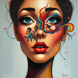 A modern painting of a woman's face, strikingly beautiful but with no head or hair