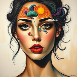 A modern painting of a woman's face, strikingly beautiful but with no head or hair