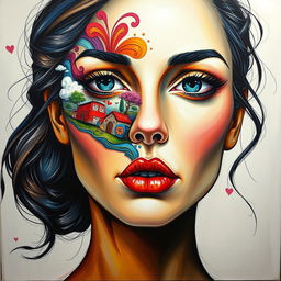 A modern painting of a woman's face, strikingly beautiful but with no head or hair