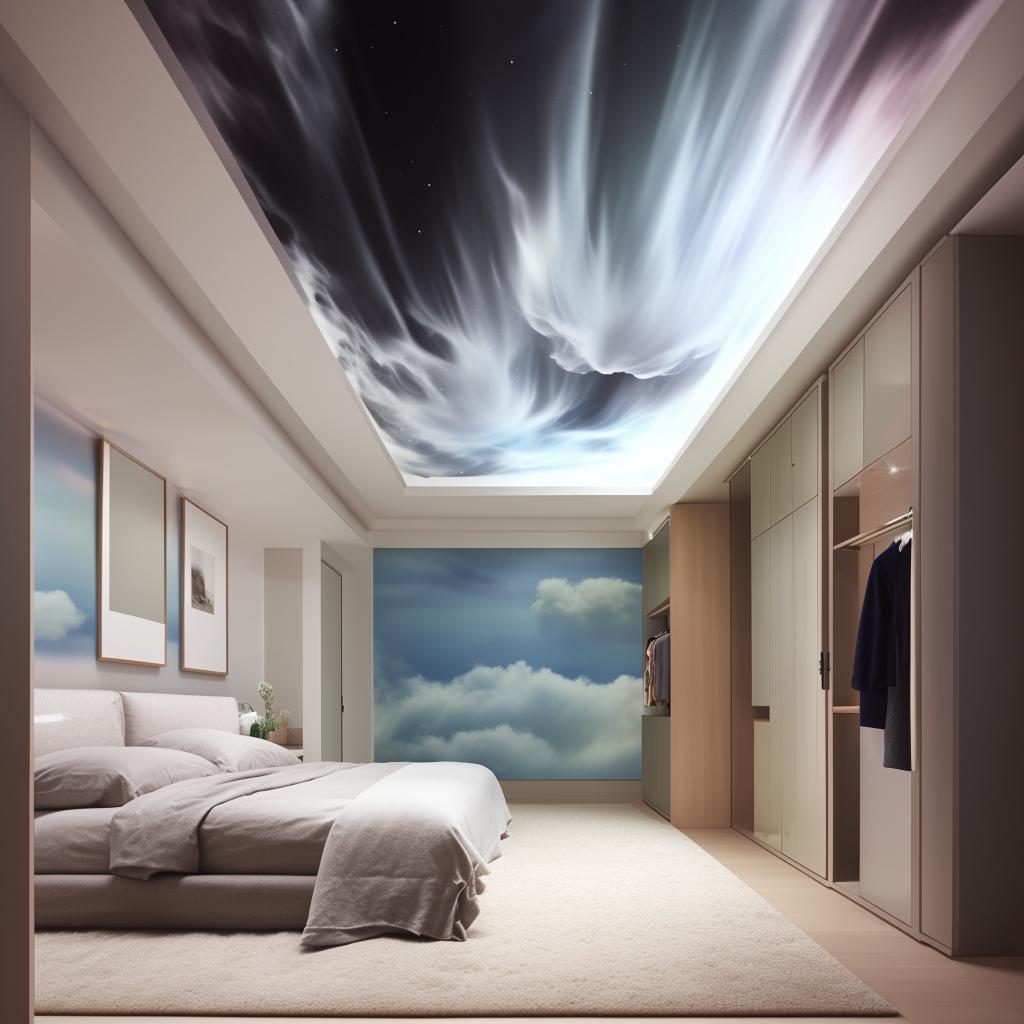 Generate an expansive room with a ceiling resembling clouds. A bed is affixed in the middle of one wall, adjacent to a large mirror and multi-compartment wardrobe. The floor is covered with a soft mat, and a wall opposite the bed features a waterfall. An empty wall has a blend of light and dark colors. Include a large study table and wall-fixed shelves.