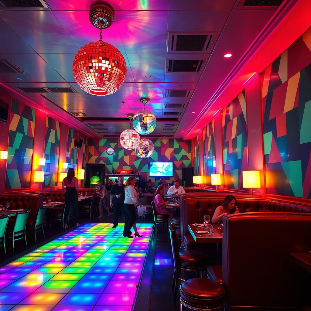 A vibrant disco-themed restaurant interior, featuring a colorful lighted dance floor, retro disco balls hanging from the ceiling, and bold, geometric patterns on the walls
