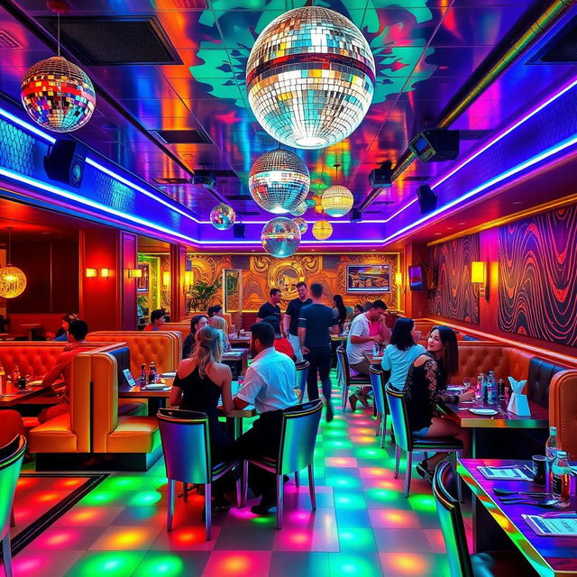 A vibrant disco-themed restaurant interior, featuring a colorful lighted dance floor, retro disco balls hanging from the ceiling, and bold, geometric patterns on the walls