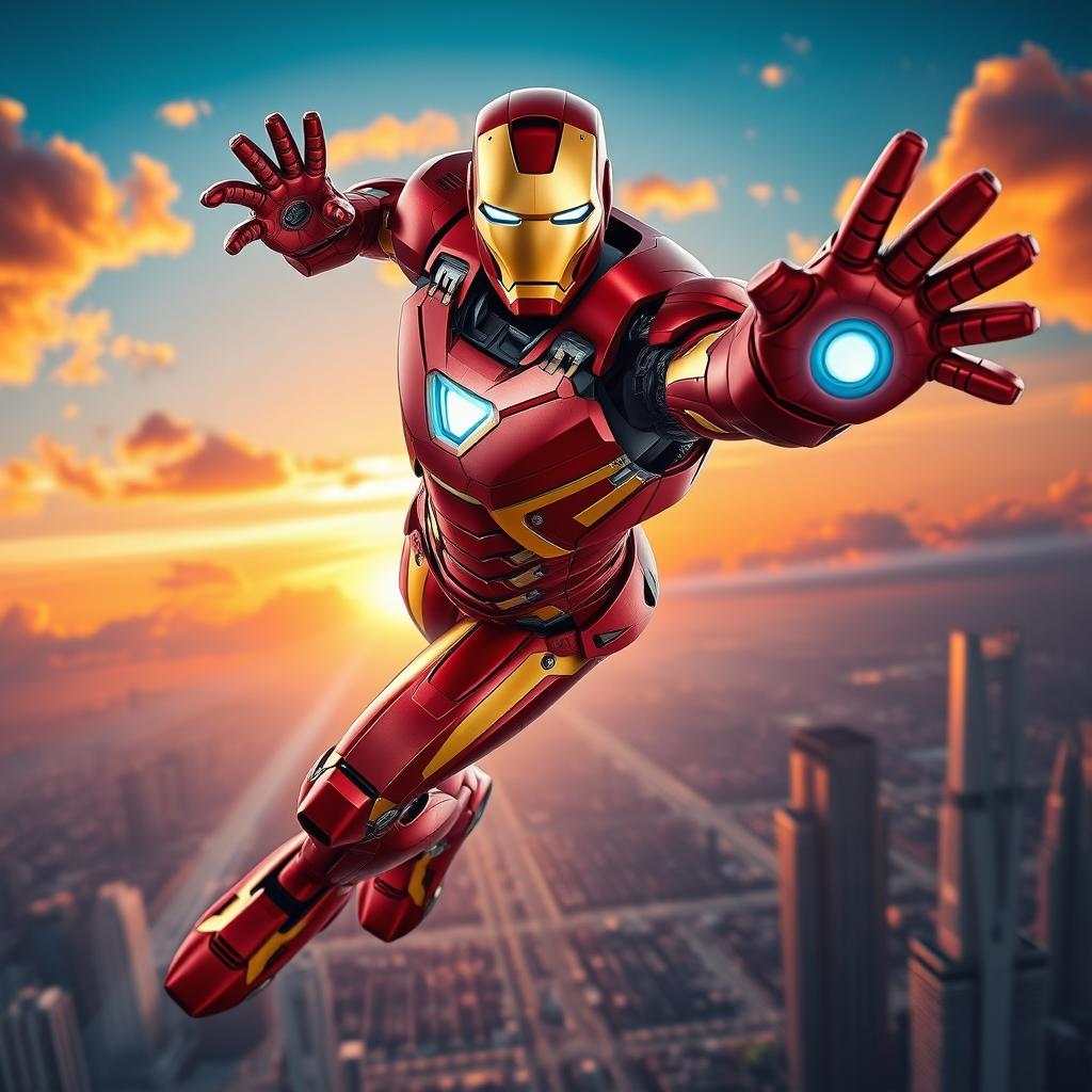 A dynamic and heroic depiction of Iron Man soaring through the sky, showcasing his iconic red and gold armor, with intricate mechanical details and glowing arc reactor