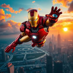 A dynamic and heroic depiction of Iron Man soaring through the sky, showcasing his iconic red and gold armor, with intricate mechanical details and glowing arc reactor