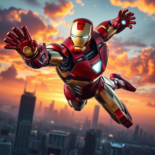 A dynamic and heroic depiction of Iron Man soaring through the sky, showcasing his iconic red and gold armor, with intricate mechanical details and glowing arc reactor