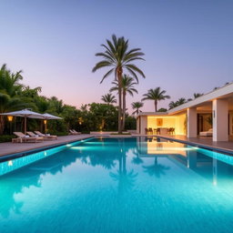 A stunning, modern dream swimming pool surrounded by lush greenery and elegant architecture