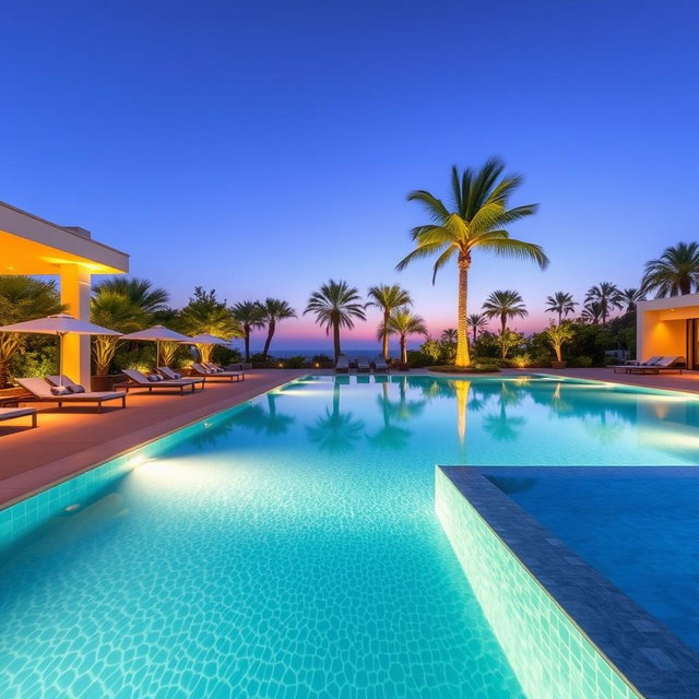 A stunning, modern dream swimming pool surrounded by lush greenery and elegant architecture