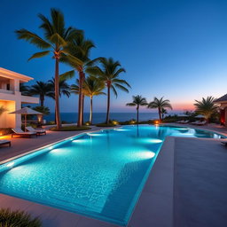 A stunning, modern dream swimming pool surrounded by lush greenery and elegant architecture