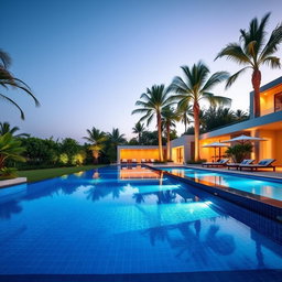 A stunning, modern dream swimming pool surrounded by lush greenery and elegant architecture