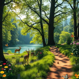A vibrant nature scene showcasing a lush forest with towering trees, dappled sunlight filtering through the leaves, and a serene lake reflecting the surrounding greenery