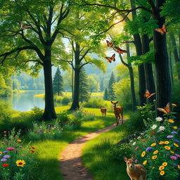 A vibrant nature scene showcasing a lush forest with towering trees, dappled sunlight filtering through the leaves, and a serene lake reflecting the surrounding greenery