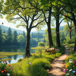A vibrant nature scene showcasing a lush forest with towering trees, dappled sunlight filtering through the leaves, and a serene lake reflecting the surrounding greenery