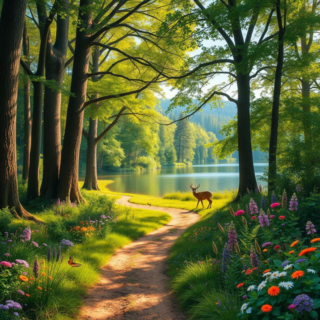 A vibrant nature scene showcasing a lush forest with towering trees, dappled sunlight filtering through the leaves, and a serene lake reflecting the surrounding greenery