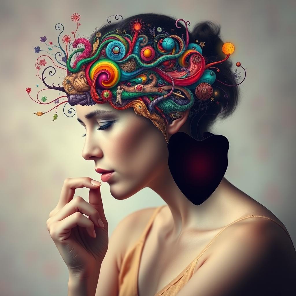 A woman deep in thought, with a vivid and intricate representation of her brain filled with swirling, colorful ideas, concepts, and emotions flowing around, while her heart appears as a hollow, empty silhouette