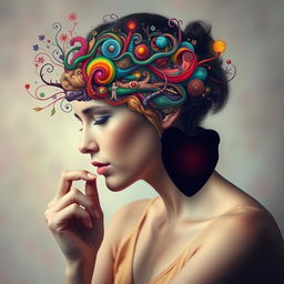 A woman deep in thought, with a vivid and intricate representation of her brain filled with swirling, colorful ideas, concepts, and emotions flowing around, while her heart appears as a hollow, empty silhouette