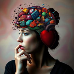 A woman deep in thought, with a vivid and intricate representation of her brain filled with swirling, colorful ideas, concepts, and emotions flowing around, while her heart appears as a hollow, empty silhouette