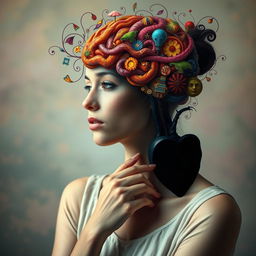 A woman deep in thought, with a vivid and intricate representation of her brain filled with swirling, colorful ideas, concepts, and emotions flowing around, while her heart appears as a hollow, empty silhouette