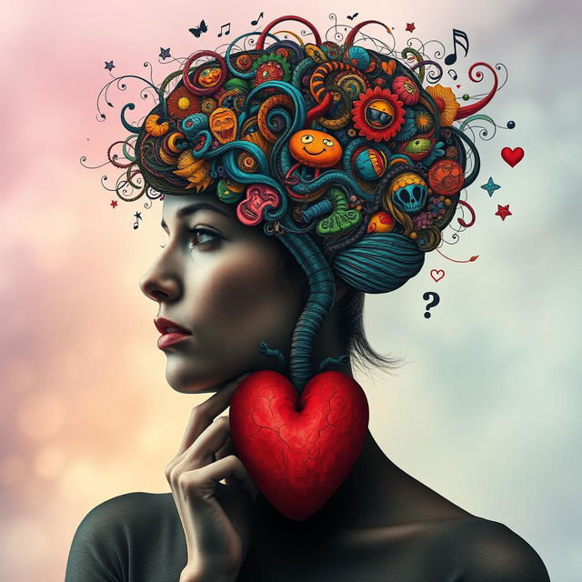 A woman deep in thought, with a vivid and intricate representation of her brain filled with swirling, colorful ideas, concepts, and emotions flowing around, while her heart appears as a hollow, empty silhouette