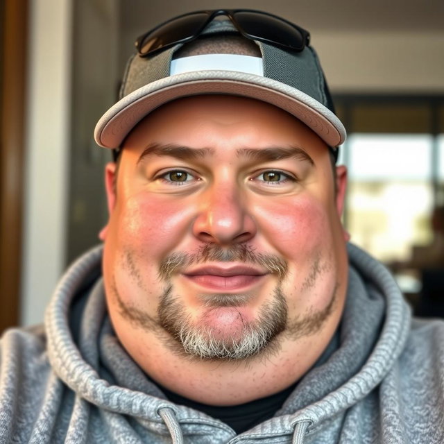 A chubby light-skinned man wearing a stylish cap and a comfortable hoodie