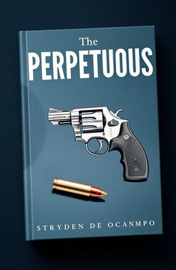 A book cover design for 'The PERPETUOUS' by Stryden de Ocampo featuring a detailed sketch of a revolver centered in the composition, with a shiny bullet lying next to it