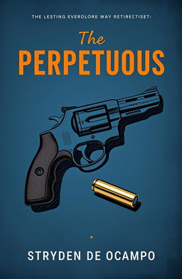 A book cover design for 'The PERPETUOUS' by Stryden de Ocampo featuring a detailed sketch of a revolver centered in the composition, with a shiny bullet lying next to it