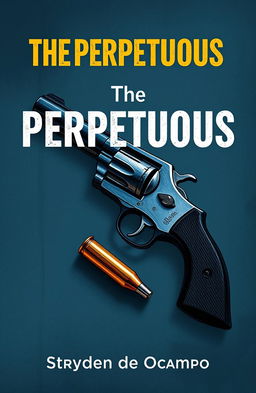 A book cover design for 'The PERPETUOUS' by Stryden de Ocampo featuring a detailed sketch of a revolver centered in the composition, with a shiny bullet lying next to it
