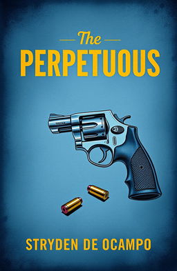 A book cover design for 'The PERPETUOUS' by Stryden de Ocampo featuring a detailed sketch of a revolver centered in the composition, with a shiny bullet lying next to it
