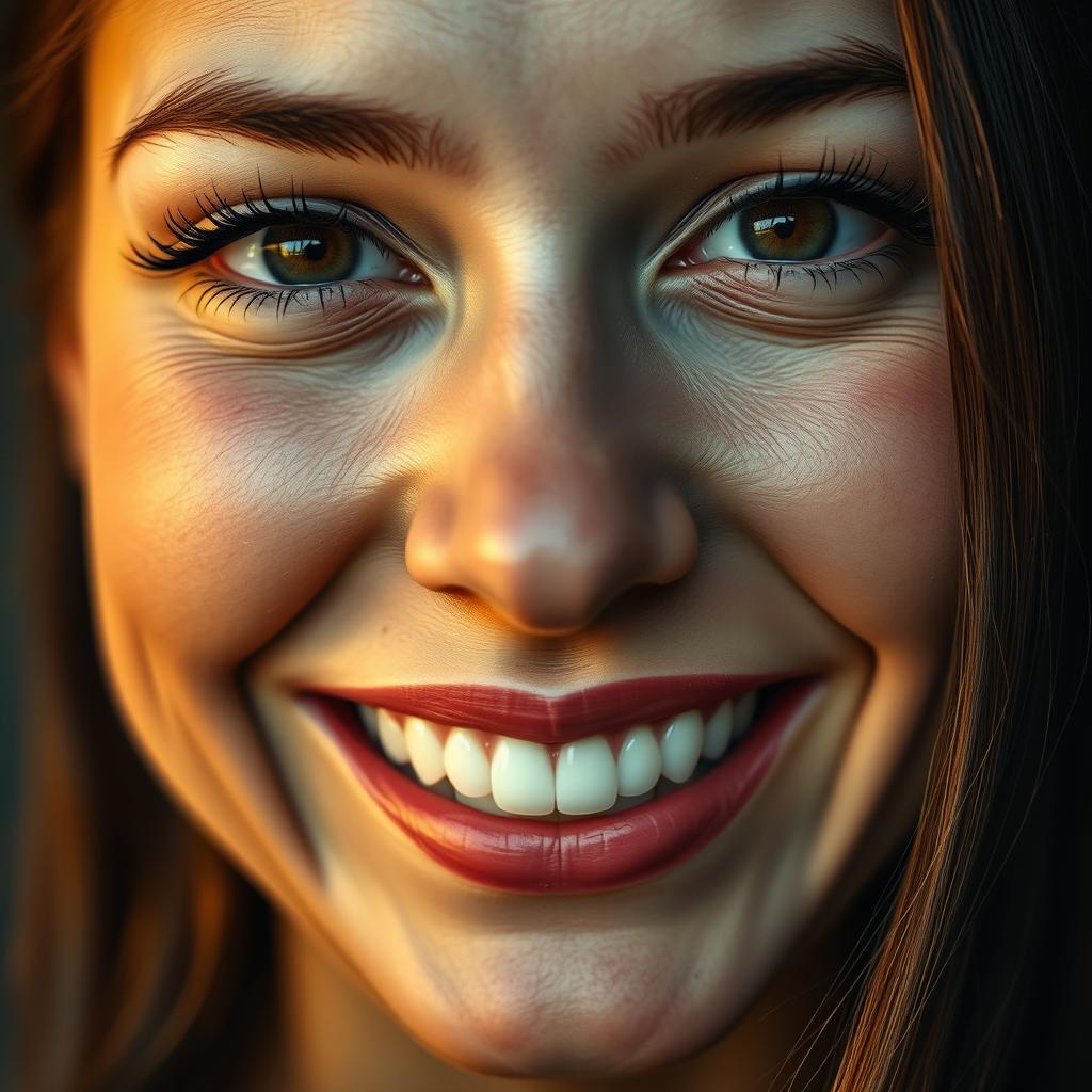 A close-up portrait of a woman with a radiant smile, showcasing her joy on the surface, but her eyes reveal a deep sadness within