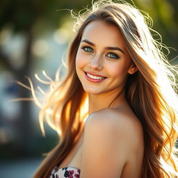 A portrait of a stunning young woman with blue eyes, long flowing hair, wearing a stylish outfit