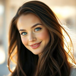 A portrait of a stunning young woman with blue eyes, long flowing hair, wearing a stylish outfit