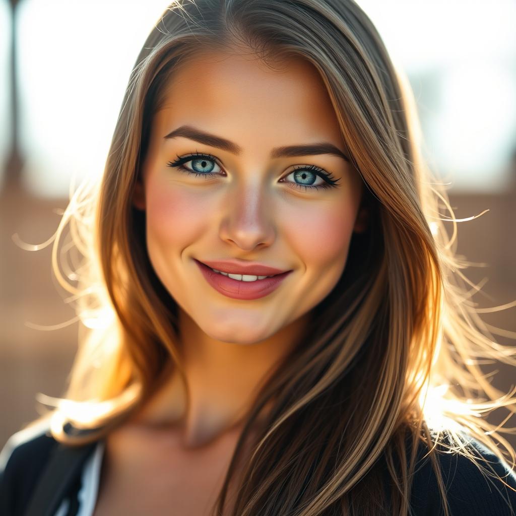 A portrait of a stunning young woman with blue eyes, long flowing hair, wearing a stylish outfit