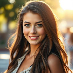 A portrait of a stunning young woman with blue eyes, long flowing hair, wearing a stylish outfit