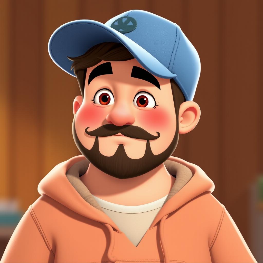 A chubby light-skinned guy wearing a casual cap and a cozy hoodie