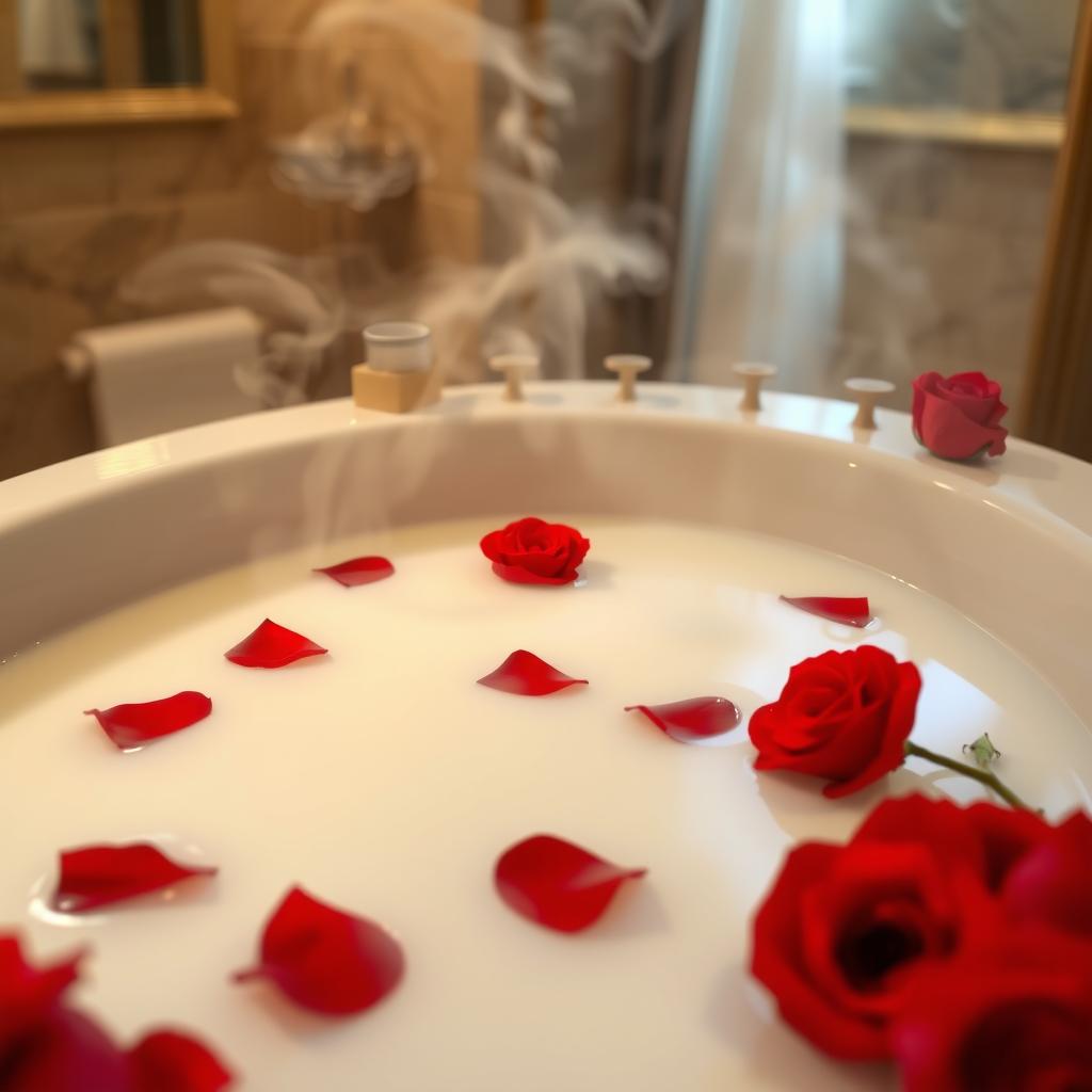 A luxurious jacuzzi filled with creamy milk, surrounded by beautiful fresh red roses