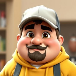 A chubby light-skinned man wearing a stylish cap and a cozy hoodie, featuring a distinctive goatee and a thin mustache that are separated