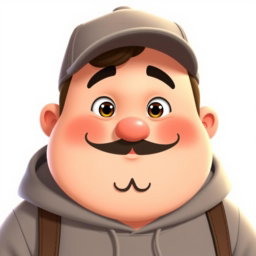 A chubby light-skinned man wearing a stylish cap and a cozy hoodie, featuring a distinctive goatee and a thin mustache that are separated
