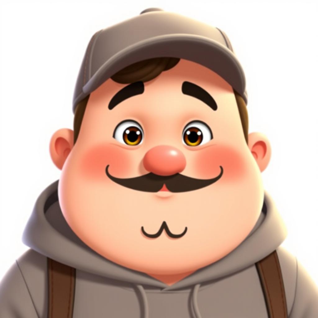 A chubby light-skinned man wearing a stylish cap and a cozy hoodie, featuring a distinctive goatee and a thin mustache that are separated
