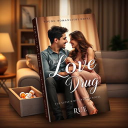 A book cover design for a young romance novel titled 'The Love Drug' by Rue