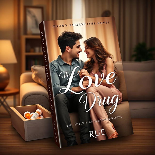 A book cover design for a young romance novel titled 'The Love Drug' by Rue