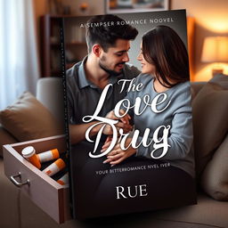 A book cover design for a young romance novel titled 'The Love Drug' by Rue