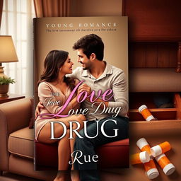 A book cover design for a young romance novel titled 'The Love Drug' by Rue
